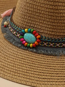 流蘇和珠子裝飾草編帽 - 卡其色 - 查看 3