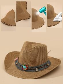 流蘇和珠子裝飾草編帽 - 卡其色 - 查看 4