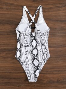 蛇紋O形環細節深V領連體泳衣 - 黑與白 - 查看 7