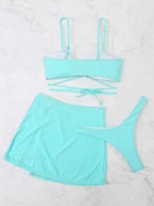 Rib Heart Shaped Ring Linked Lace Up Bikini Set With Beach Skirt, For Summer Vacation - Mint Blue - View 2