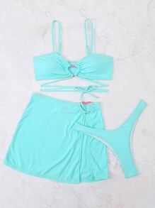 Rib Heart Shaped Ring Linked Lace Up Bikini Set With Beach Skirt, For Summer Vacation - Mint Blue - View 3