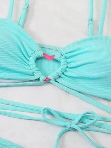 Rib Heart Shaped Ring Linked Lace Up Bikini Set With Beach Skirt, For Summer Vacation - Mint Blue - View 5