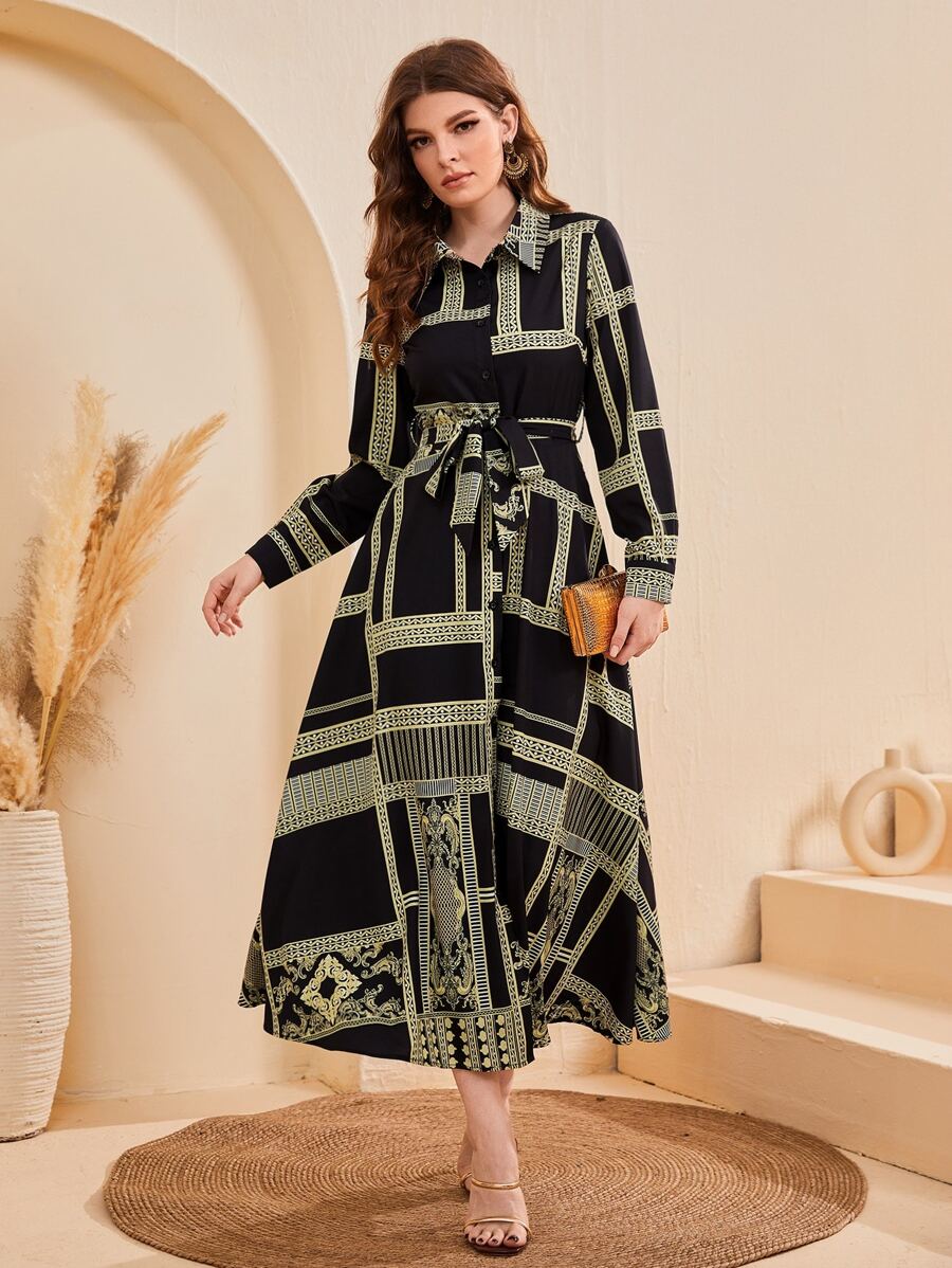 Seusyu Baroque & Geo Print Belted Shirt Dress - Multicolor - View 1
