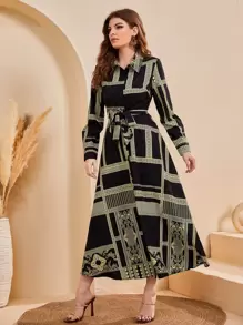 Seusyu Baroque & Geo Print Belted Shirt Dress - Multicolor - View 4