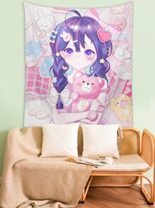 ROMWE Kawaii Cartoon Girl Print Tapestry - Multicolor - View 2