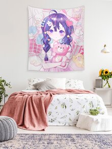 ROMWE Kawaii Cartoon Girl Print Tapestry - Multicolor - View 6