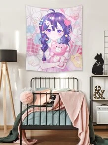 ROMWE Kawaii Cartoon Girl Print Tapestry - Multicolor - View 5