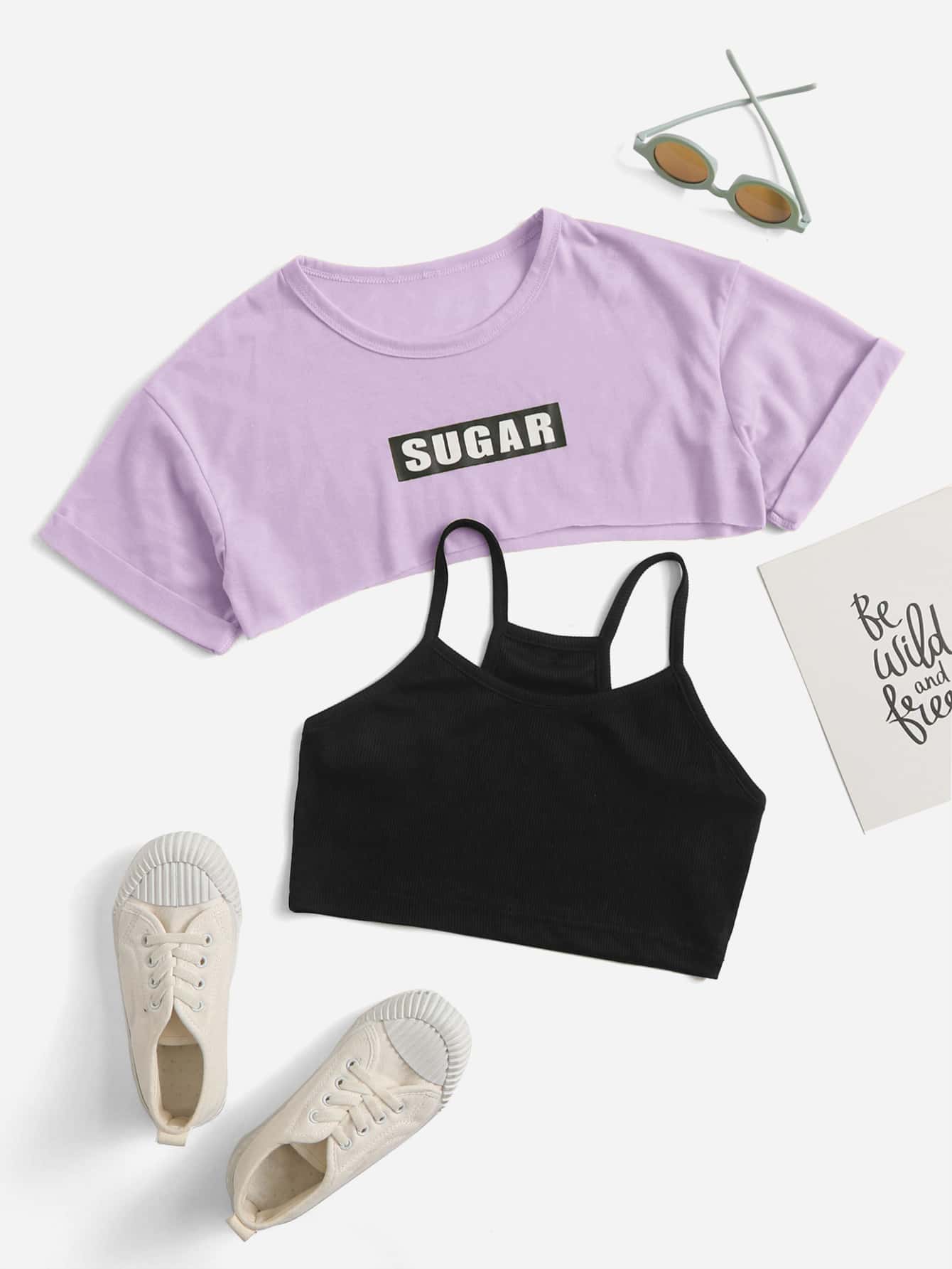 SHEIN Girls Letter Graphic Crop Tee & Cami Top - Multicolor - View 1