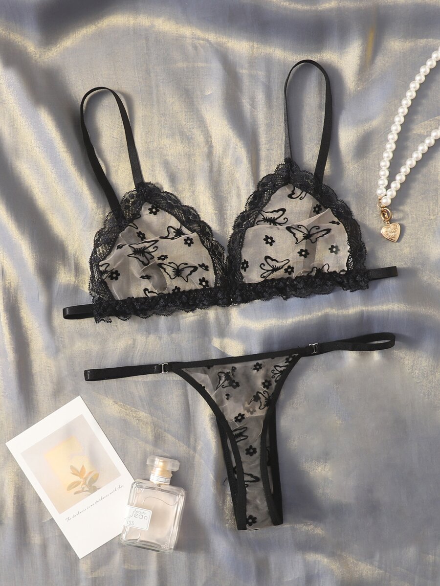 Butterfly Embroidery Mesh Contrast Lace Lingerie Set