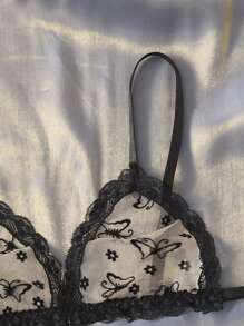 Butterfly Embroidery Mesh Contrast Lace Lingerie Set