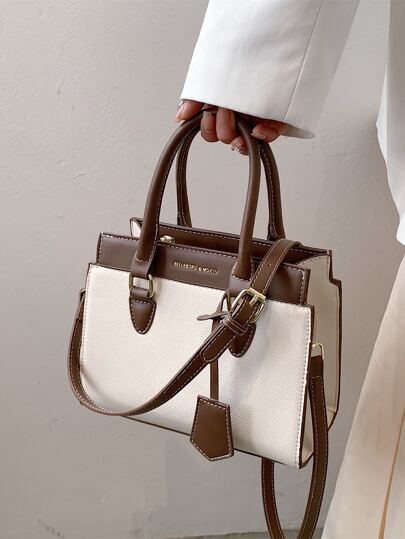 Bolso cuadrado de dos tonos con detalles de letra, casual de negocios, ligero, perfecto para oficina, universidad, trabajo, negocios, traslados, exteriores, viajes, salidas, bolso de moda elegante para mujeres y estudiantes universitarios