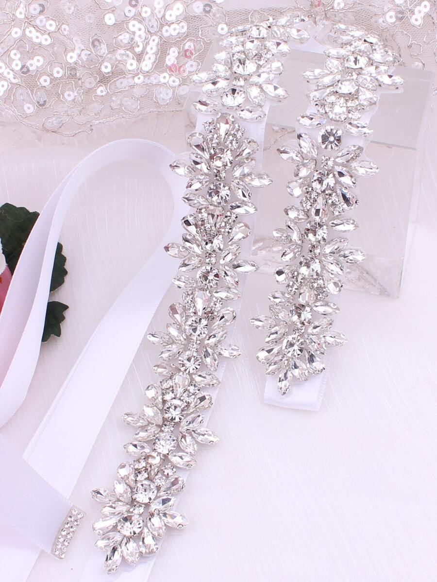 1pc New Arrival Satin Ribbon Belt Bridal Full Rhinestone Waistband Luxuriant Bridal Sash For Wedding Party Elegant Valentine's Day Accessories - White - View 1