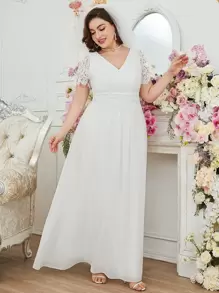 SHEIN Belle Plus Contrast Lace Panel Plisse Waist Wedding Dress - White - View 1