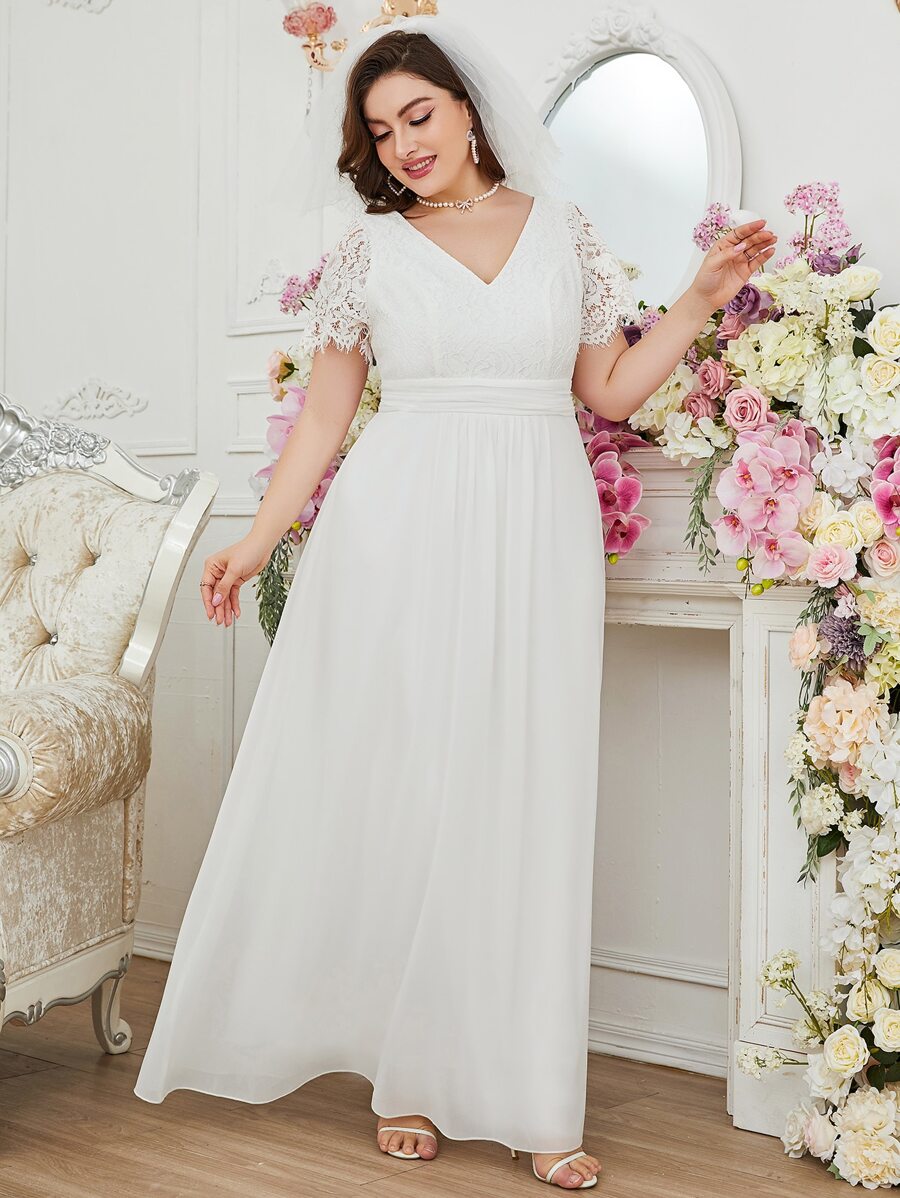 SHEIN Belle Plus Contrast Lace Panel Plisse Waist Wedding Dress - White - View 1