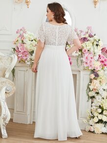 SHEIN Belle Plus Contrast Lace Panel Plisse Waist Wedding Dress - White - View 2