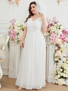 SHEIN Belle Plus Contrast Lace Panel Plisse Waist Wedding Dress - White - View 4