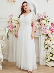 SHEIN Belle Plus Contrast Lace Panel Plisse Waist Wedding Dress - White - View 5