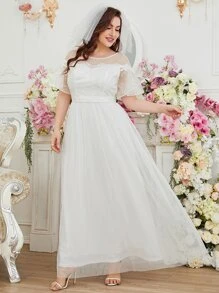 SHEIN Belle Plus Floral Embroidery Mesh Insert V-Back Wedding Dress Without Veil - White - View 5