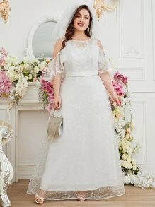 SHEIN Belle Plus Cold Shoulder Lace Wedding Dress Without Veil - White - View 1