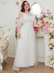 SHEIN Belle Plus Cold Shoulder Lace Wedding Dress Without Veil - White - View 4
