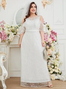 SHEIN Belle Plus Cold Shoulder Lace Wedding Dress Without Veil - White - View 5