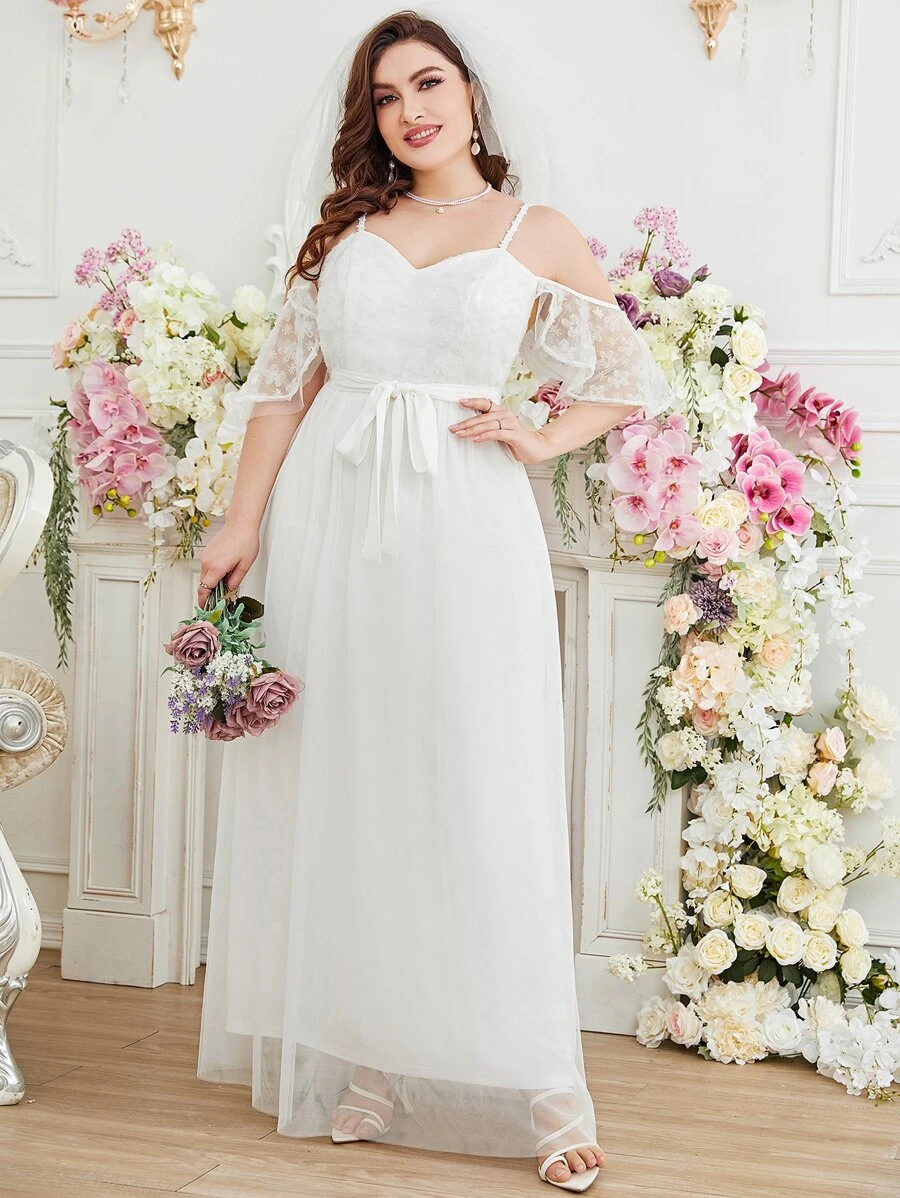 SHEIN Belle Plus Floral Embroidery Mesh Cold Shoulder Belted Wedding Dress Without Veil - White - View 1