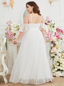 SHEIN Belle Plus Floral Embroidery Mesh Cold Shoulder Belted Wedding Dress Without Veil - White - View 2