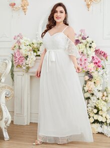 SHEIN Belle Plus Floral Embroidery Mesh Cold Shoulder Belted Wedding Dress Without Veil - White - View 4