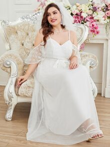 SHEIN Belle Plus Floral Embroidery Mesh Cold Shoulder Belted Wedding Dress Without Veil - White - View 5
