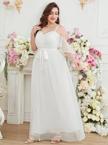 SHEIN Belle Plus Floral Embroidery Mesh Cold Shoulder Belted Wedding Dress Without Veil - White - View 6