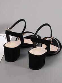Rhinestone Decor Chunky Heeled Ankle Strap Sandals, Black Fashionable Rhinestone Decoration Solid Color Ankle Strap Women's High Heel Sandals Valentines - Black - View 2