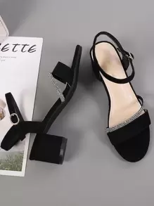 Rhinestone Decor Chunky Heeled Ankle Strap Sandals, Black Fashionable Rhinestone Decoration Solid Color Ankle Strap Women's High Heel Sandals Valentines - Black - View 5