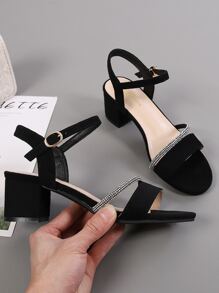Rhinestone Decor Chunky Heeled Ankle Strap Sandals, Black Fashionable Rhinestone Decoration Solid Color Ankle Strap Women's High Heel Sandals Valentines - Black - View 6