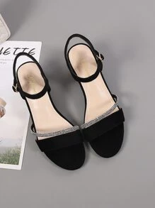 Rhinestone Decor Chunky Heeled Ankle Strap Sandals, Black Fashionable Rhinestone Decoration Solid Color Ankle Strap Women's High Heel Sandals Valentines - Black - View 7