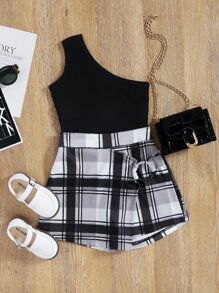 SHEIN Bộ thời trang bé gái Bất đối xứng Gân đan Sọc ca rô Ăn mặc đẹp - Nhiều màu - Xem 1