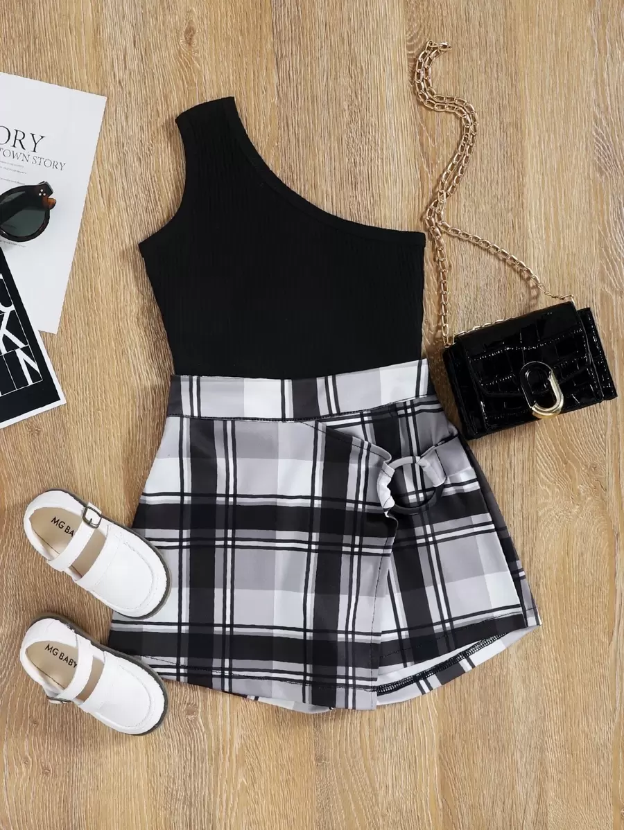 SHEIN Bộ thời trang bé gái Bất đối xứng Gân đan Sọc ca rô Ăn mặc đẹp - Nhiều màu - Xem 1