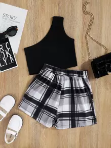 SHEIN Bộ thời trang bé gái Bất đối xứng Gân đan Sọc ca rô Ăn mặc đẹp - Nhiều màu - Xem 2
