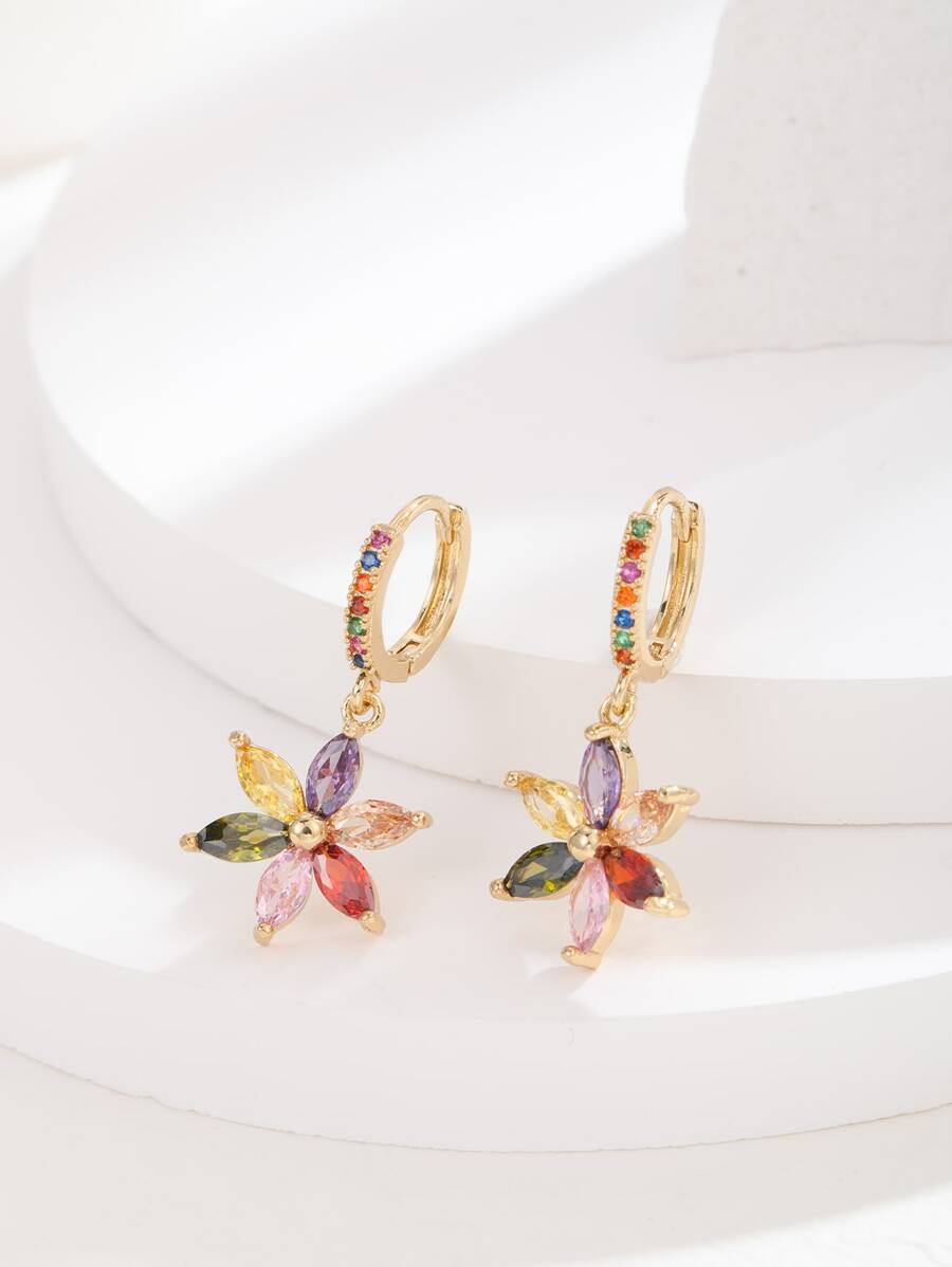 Cubic Zirconia Flower Drop Earrings - Yellow Gold - View 1