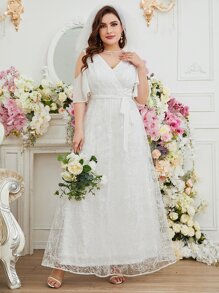 SHEIN Belle Plus Cold Shoulder Belted Lace Wedding Dress Without Veil - White - View 1