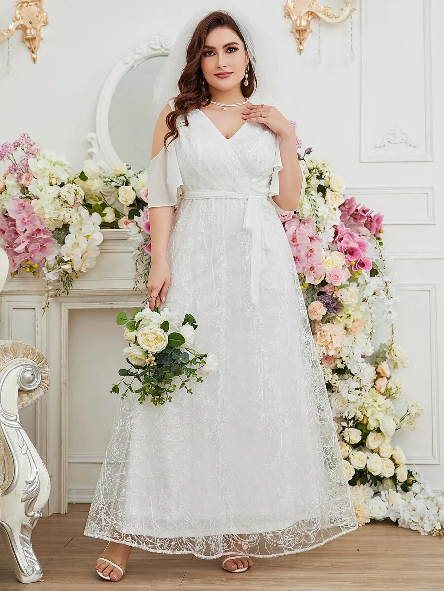 SHEIN Belle Plus Cold Shoulder Belted Lace Wedding Dress Without Veil - White - View 1