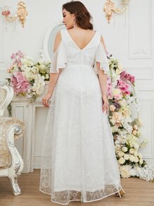 SHEIN Belle Plus Cold Shoulder Belted Lace Wedding Dress Without Veil - White - View 2