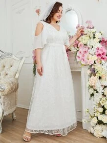 SHEIN Belle Plus Cold Shoulder Belted Lace Wedding Dress Without Veil - White - View 3