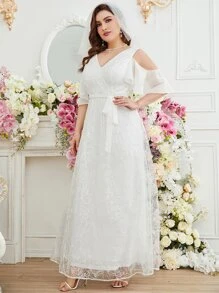 SHEIN Belle Plus Cold Shoulder Belted Lace Wedding Dress Without Veil - White - View 5