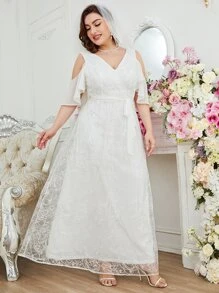 SHEIN Belle Plus Cold Shoulder Belted Lace Wedding Dress Without Veil - White - View 6