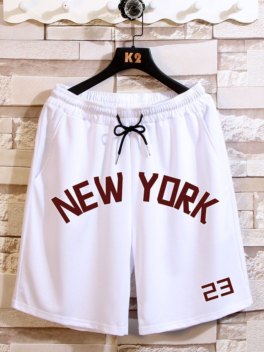 Manfinity Campus Court Aesthetic Post--Men Letter Graphic Drawstring Waist Shorts - White - View 1