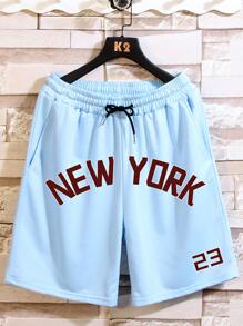 Manfinity Campus Court Aesthetic Post--Men Letter Graphic Drawstring Waist Shorts - Blue - View 1