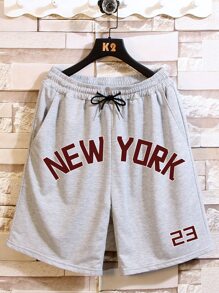 Manfinity Campus Court Aesthetic Post--Men Letter Graphic Drawstring Waist Shorts - Light Grey - View 1