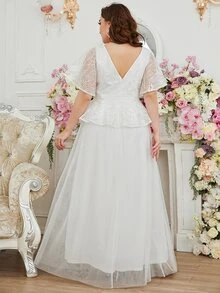 SHEIN Belle Plus Lace Insert Mesh Overlay Zipper Back Wedding Dress Without Veil - White - View 2