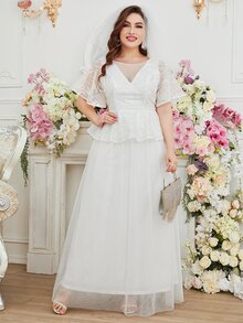 SHEIN Belle Plus Lace Insert Mesh Overlay Zipper Back Wedding Dress Without Veil - White - View 3