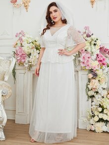 SHEIN Belle Plus Lace Insert Mesh Overlay Zipper Back Wedding Dress Without Veil - White - View 4